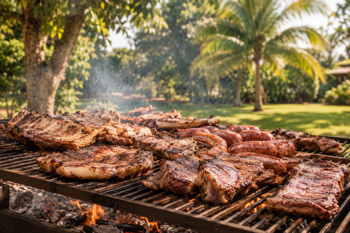 Parrilla con carne y chorizos en una quinta de campo