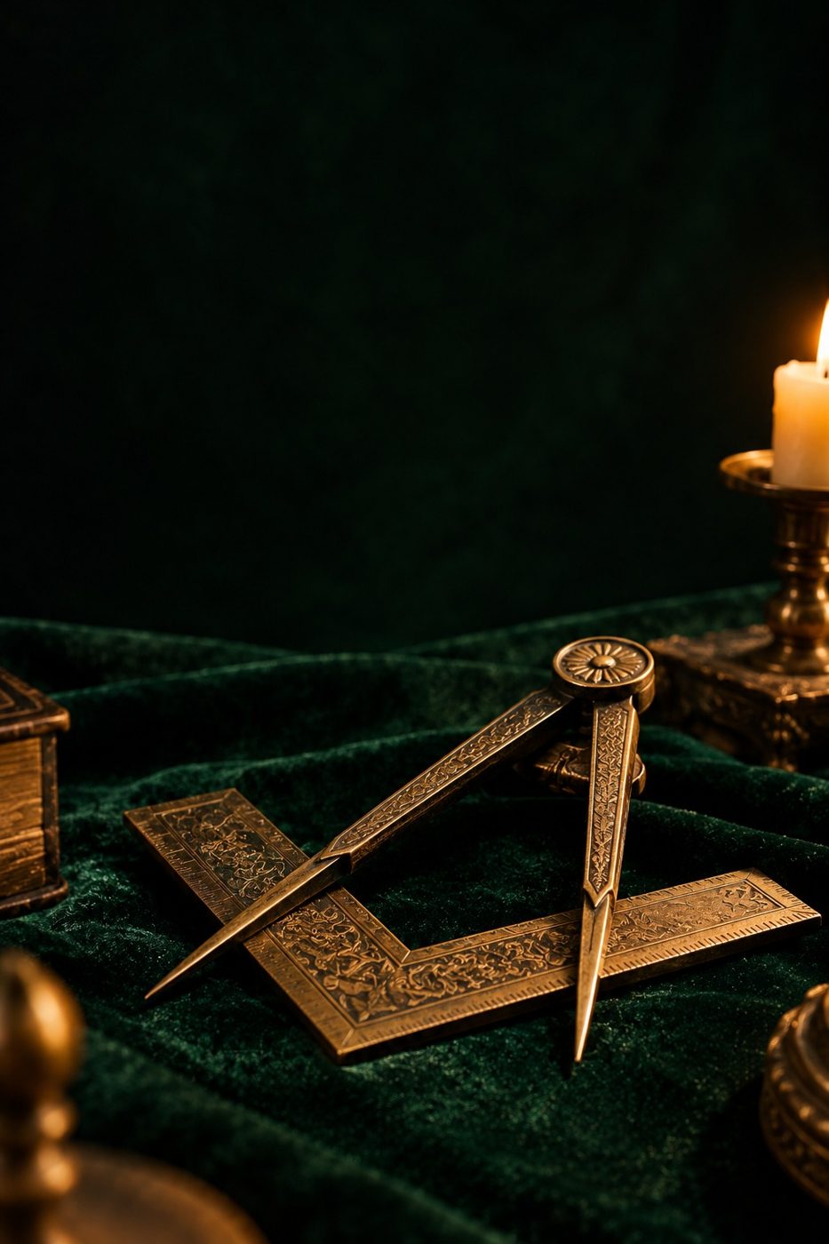 Escuadra y compás de bronce sobre terciopelo verde