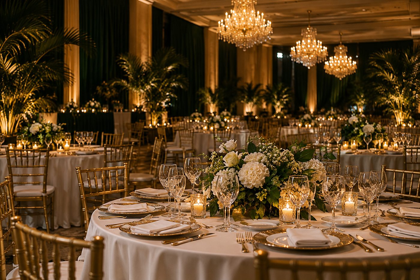 Salón de gala con mesas redondas, flores blancas y luz cálida