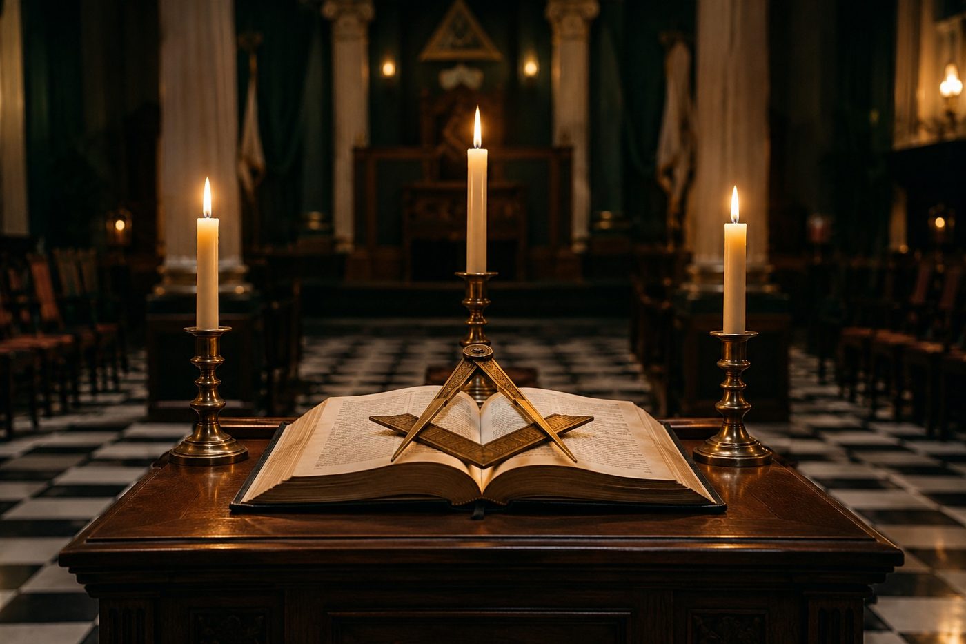 Altar del templo con libro abierto, escuadra y compás, a la luz de las velas